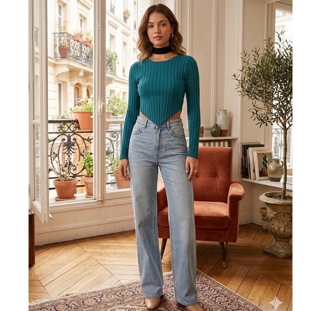 Willow & Wind Teal Ribbed Knit Long Sleeve Handkerchief Hem Crop Top XS